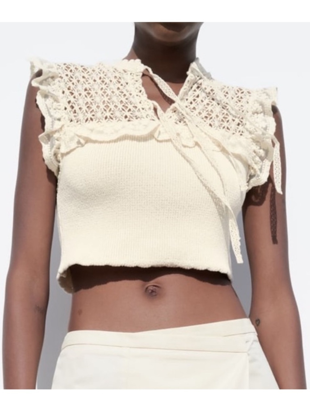 Zara cream sleeveless lace ruffle combination knit crop top small NWOT